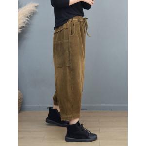 Drawstring Waist Fringed Corduroy Harem Pants