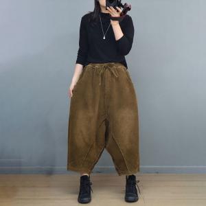 Drawstring Waist Fringed Corduroy Harem Pants