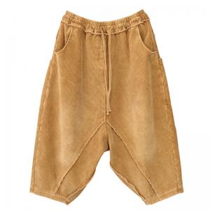 Drawstring Waist Fringed Corduroy Harem Pants