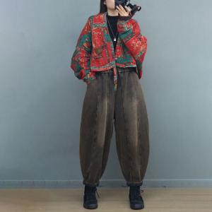 Folk Patterned Oversized Short Red Kimono Coat