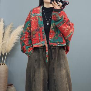 Folk Patterned Oversized Short Red Kimono Coat