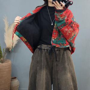 Folk Patterned Oversized Short Red Kimono Coat