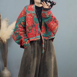 Folk Patterned Oversized Short Red Kimono Coat