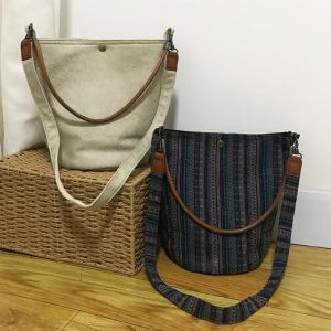 Folk Striped and Beige Cotton Canvas Bucket Bag