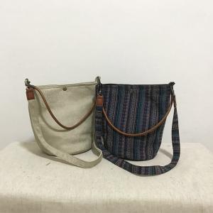 Folk Striped and Beige Cotton Canvas Bucket Bag