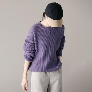 Vertical Stripes Wool Loose Purple Sweater