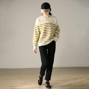 Yellow Striped Sheep Wool Hooded Sweater