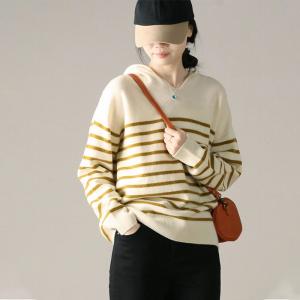 Yellow Striped Sheep Wool Hooded Sweater