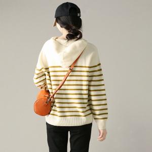 Yellow Striped Sheep Wool Hooded Sweater