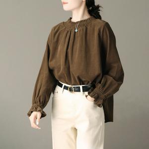 French Chic Puff Sleeves Corduroy Peasant Blouse