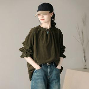 French Chic Puff Sleeves Corduroy Peasant Blouse