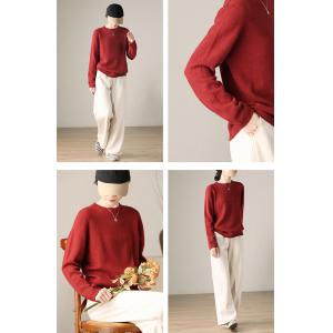 Basic Style Crew Neck Red Pullover Sweater