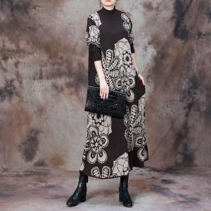 High Collar Big Flowers Coffee Jersey Dress