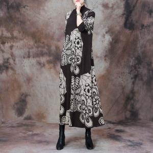 High Collar Big Flowers Coffee Jersey Dress