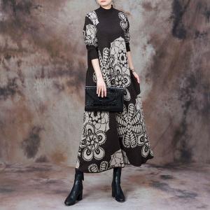 High Collar Big Flowers Coffee Jersey Dress