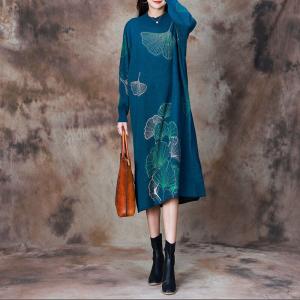 Beading Ginkgo Leaf Woolen Sweater Dress