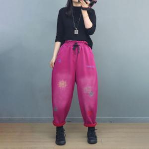 Winter Embroidery Fleeced High Rise Pants