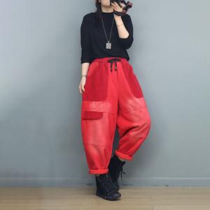 Corduroy Pockets Fleeced Cotton Patchwork Hippie Pants