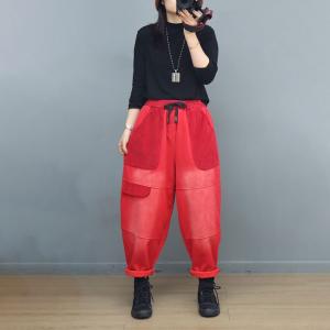 Corduroy Pockets Fleeced Cotton Patchwork Hippie Pants