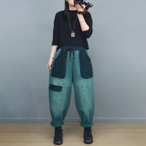 Corduroy Pockets Fleeced Cotton Patchwork Hippie Pants