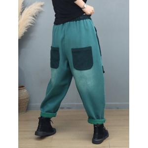 Corduroy Pockets Fleeced Cotton Patchwork Hippie Pants