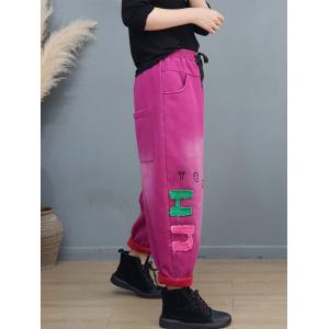 Fleeced Lined Letter Applique Casual Trousers