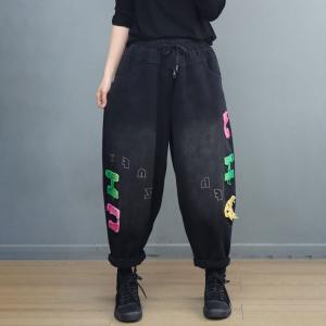 Fleeced Lined Letter Applique Casual Trousers