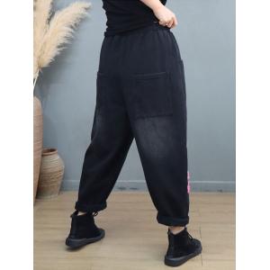 Fleeced Lined Letter Applique Casual Trousers