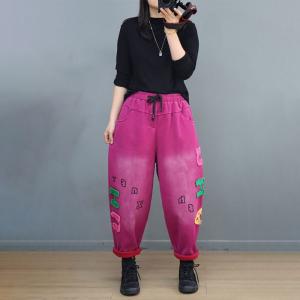 Fleeced Lined Letter Applique Casual Trousers