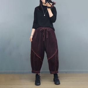 Drawstring Waist Fringed Corduroy Harem Pants