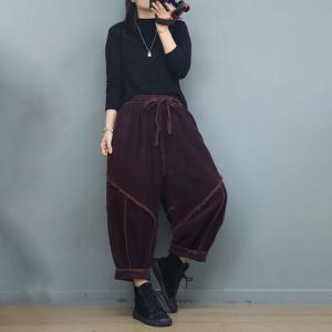 Drawstring Waist Fringed Corduroy Harem Pants