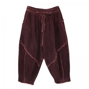 Drawstring Waist Fringed Corduroy Harem Pants