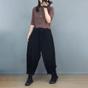 Drawstring Waist Fringed Corduroy Harem Pants