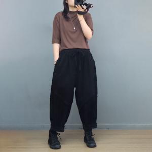 Drawstring Waist Fringed Corduroy Harem Pants