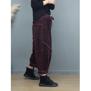 Drawstring Waist Fringed Corduroy Harem Pants