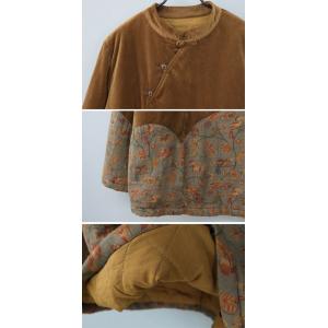 Corduroy Splicing Floral Mandarin Collar Blouse