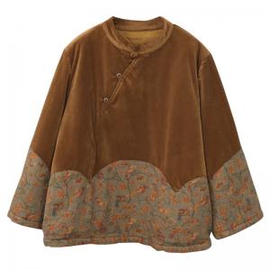 Corduroy Splicing Floral Mandarin Collar Blouse