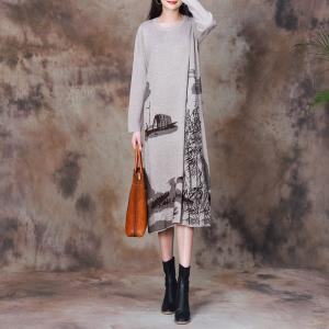 Chinese Ink Painting Elegant Knit Midi Dress