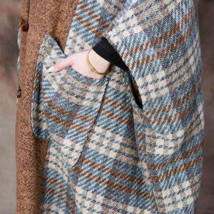 Blue Gingham Woolen Designer Cape Coat