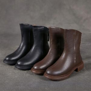 Back Zip Fleeced Leather Mid Calf Boots
