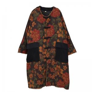 Corduroy Pockets Frog Buttons Printed Plus Size Coat