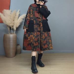 Corduroy Pockets Frog Buttons Printed Plus Size Coat