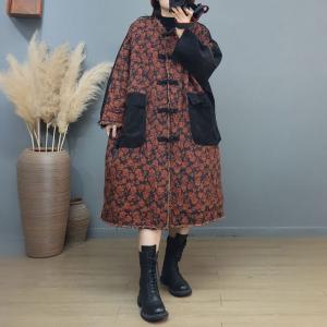 Corduroy Pockets Frog Buttons Printed Plus Size Coat