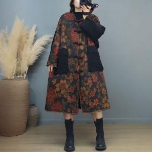Corduroy Pockets Frog Buttons Printed Plus Size Coat