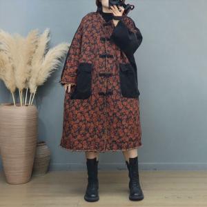 Corduroy Pockets Frog Buttons Printed Plus Size Coat