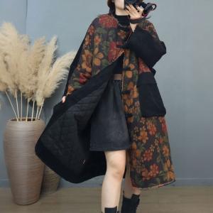 Corduroy Pockets Frog Buttons Printed Plus Size Coat