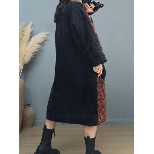 Corduroy Pockets Frog Buttons Printed Plus Size Coat