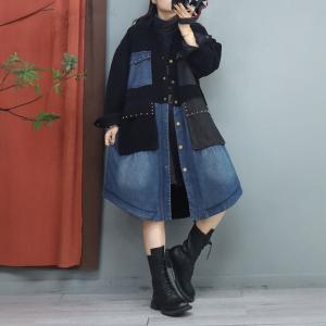 Corduroy and Denim Rivet Pockets Cotton Padded Coat