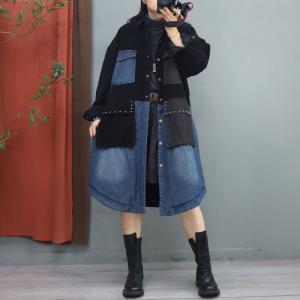 Corduroy and Denim Rivet Pockets Cotton Padded Coat