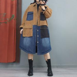 Corduroy and Denim Rivet Pockets Cotton Padded Coat